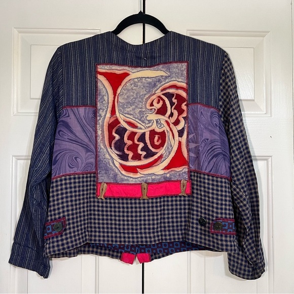 Vintage Faith Patchwork Fish Blazer Jacket Wooden Buttons Size Medium Cropped - Picture 7 of 9